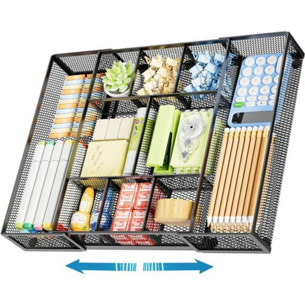 Expandable Mesh Desk Drawer Organizer Tray with Dividers for Office Makeup